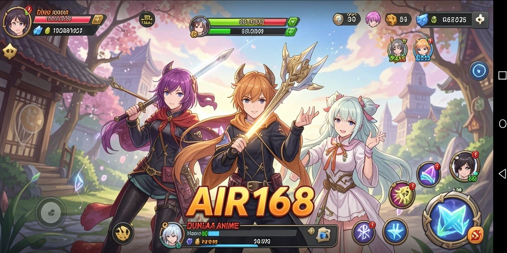 Tangkapan layar utama AIR168 menampilkan karakter anime dalam aksi seru.