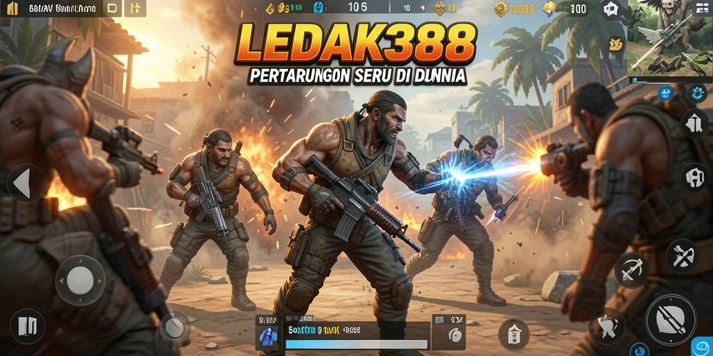Tangkapan layar LEDAK388 menunjukkan aksi pertempuran Battle Royale yang mendebarkan.